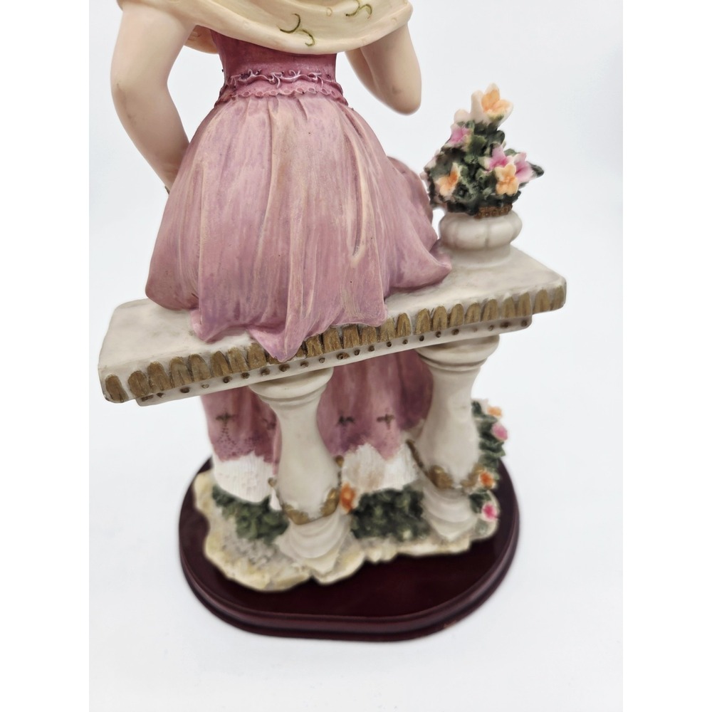 Woman With Flowers Bench Figurine Tea Party  13.5" Resin On Wood Base - Picture 7 of 7